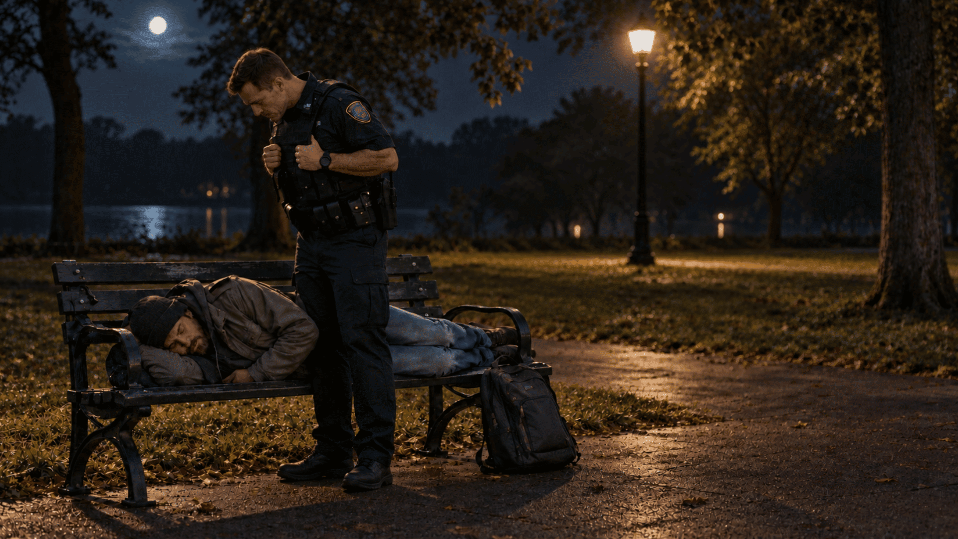 Police officer standing beside a person sleeping on a public park bench at night under a glowing streetlamp.