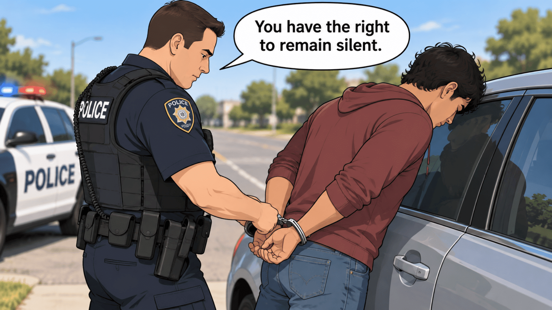 Animated officer reads Miranda rights while handcuffing a man by a car, saying, “You have the right to remain silent.”