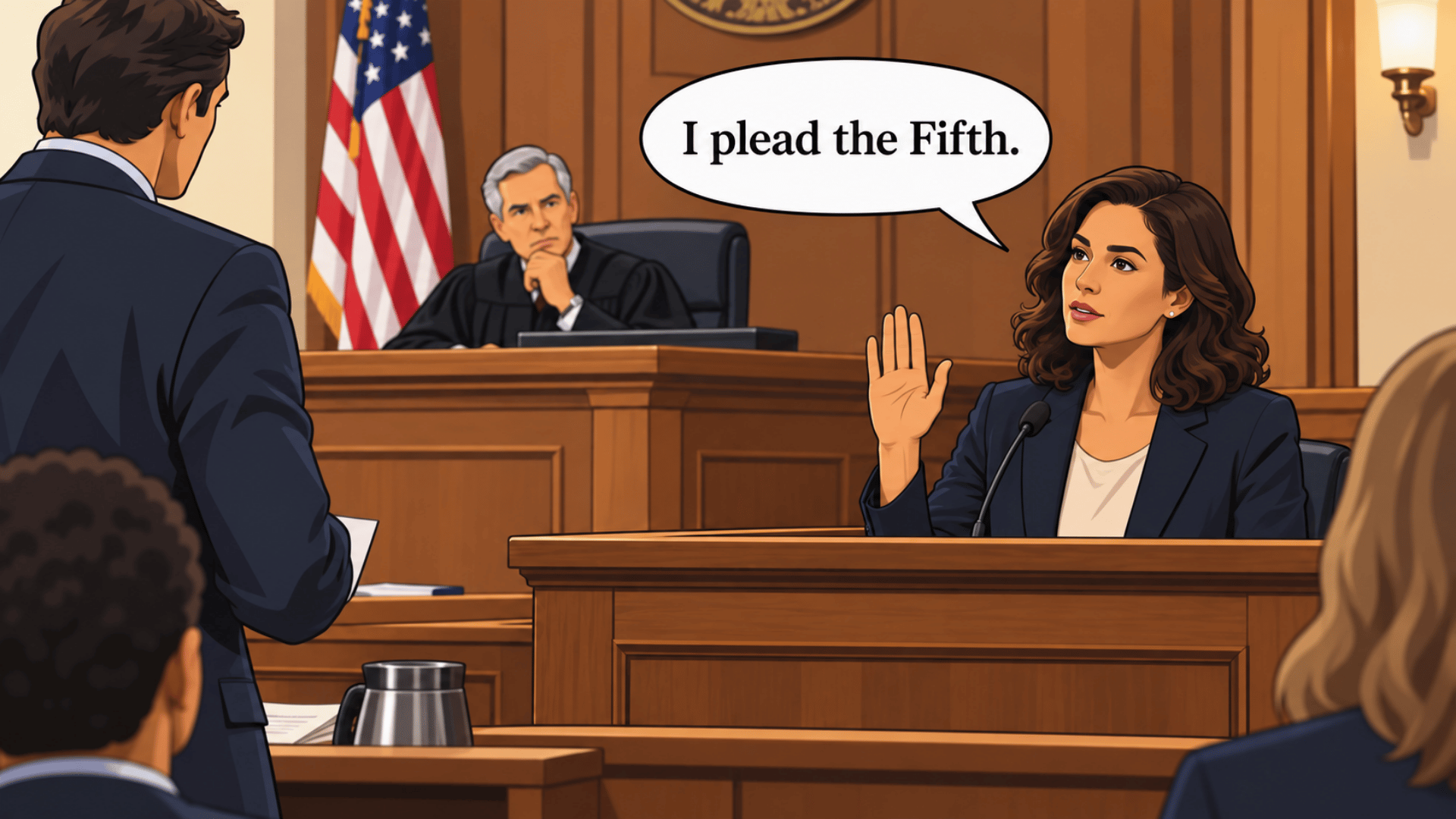 Animated courtroom witness raising her hand and saying, “I plead the Fifth,” as a judge and attorney listen.