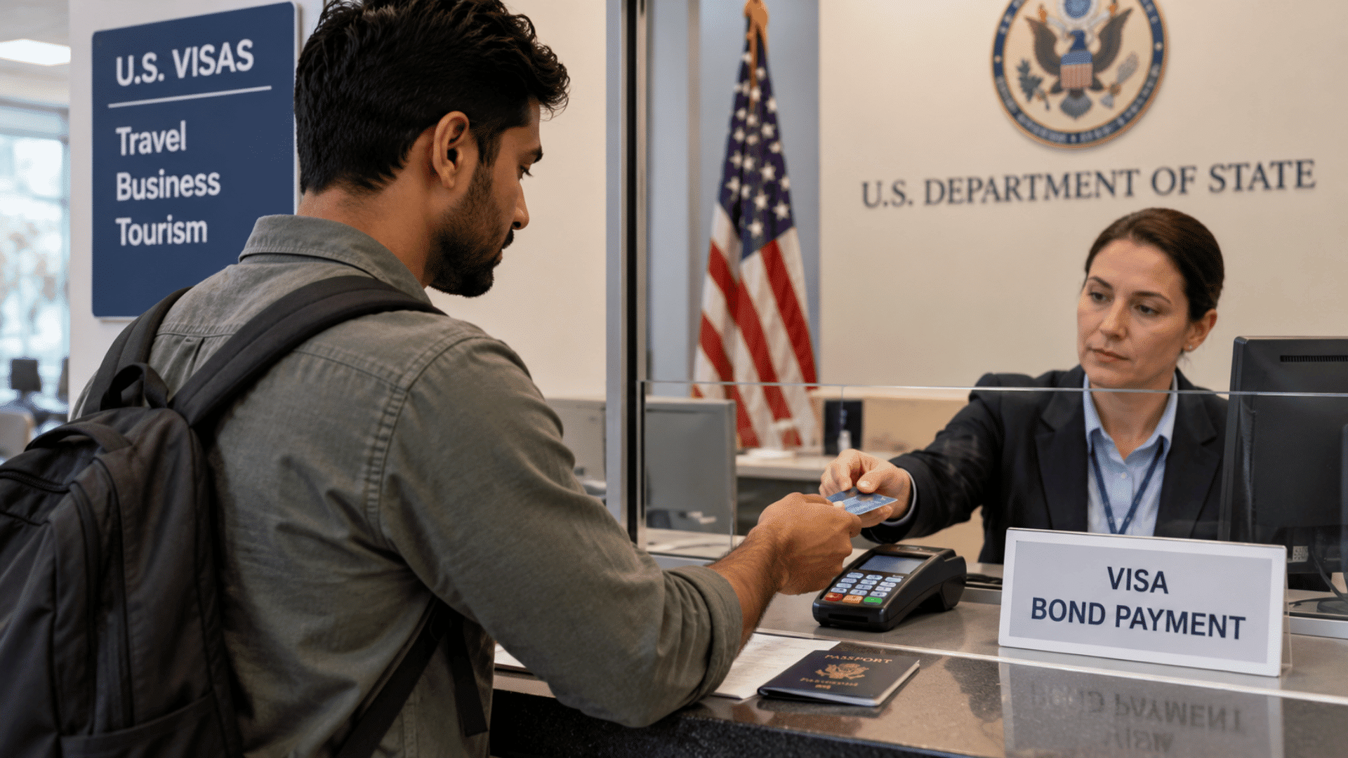 South Asian man paying a U.S. visa bond at a consular office counter with passport and payment card.